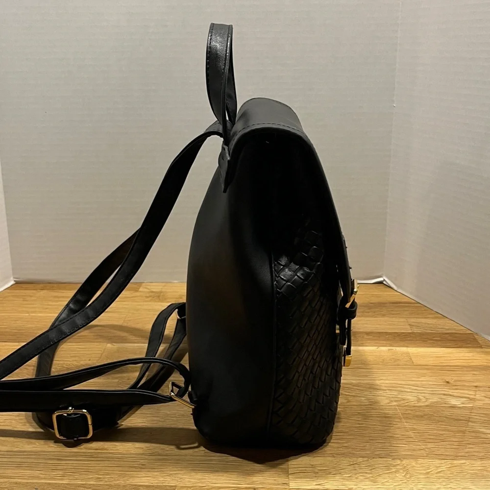 Malibu Skye Black & Braided Black Faux Leather Backpack Purse w/ Gold Tone Trim